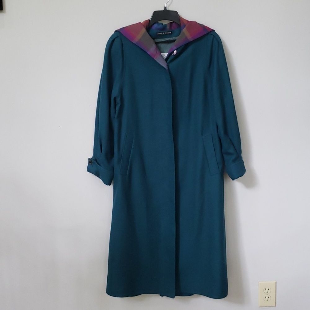 Avoca Collection Long Coat Womens S Tartan Hood Teal Green Wool Wicklow Ireland